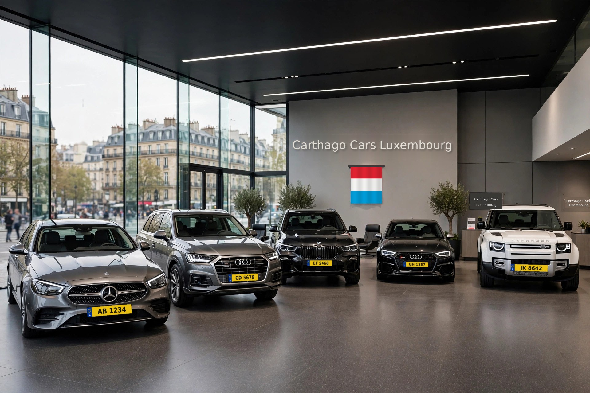 Carthago Cars Luxembourg showroom with the Luxembourg flag and cars on Luxembourg plates